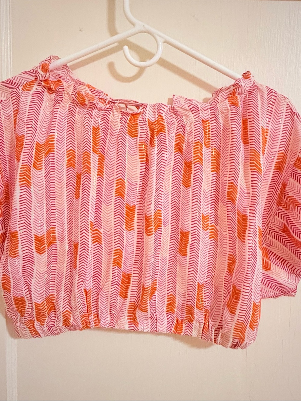 Lemlem Pink & Orange Chevron Off-Shoulder Crop Blouse